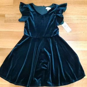 Green velvet flutter sleeve dress